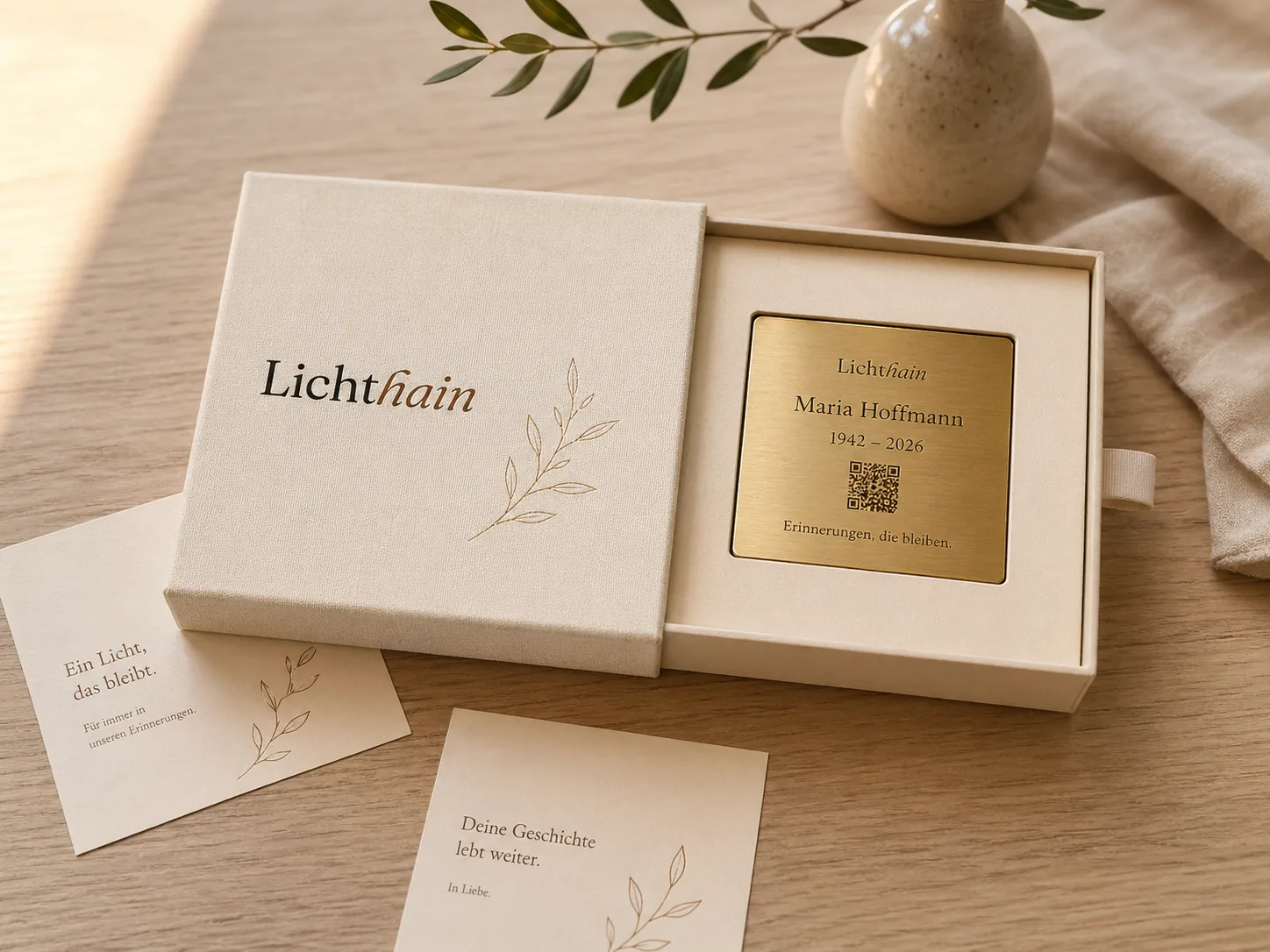 Geöffnete Box mit Plakette und Erinnerungskarten